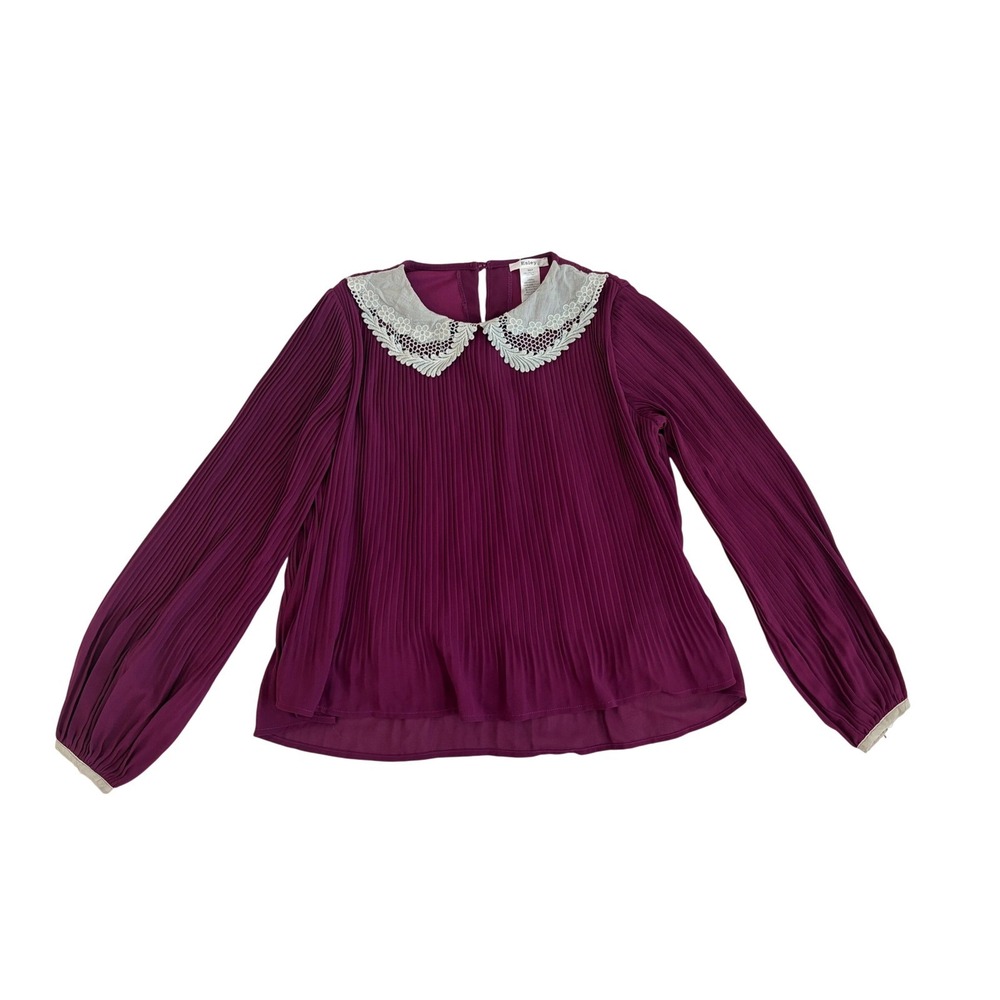 Esley Plum Purple Pleated Lace Peter Pan Collar Blouse Long Sleeve S 20048T-K